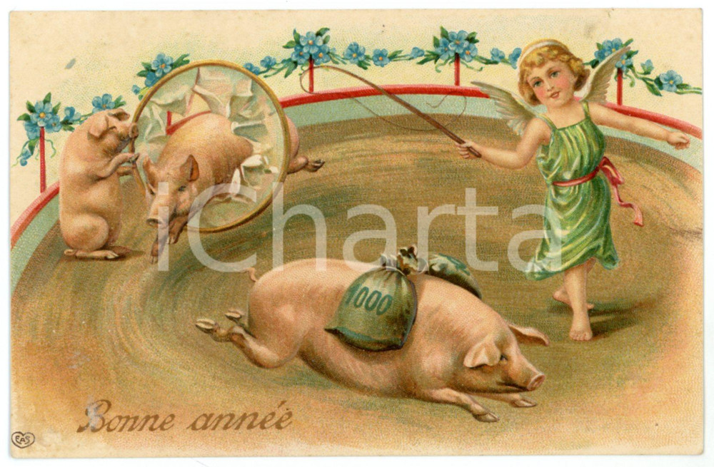 1909 BONNE ANNÃ‰E - CIRCUS Cupid and lucky pigs - Embossed Postcard FP VG  Cartolina postale d'epoca, viaggiata.CONDIZIONI: FAIR (lieve residuo di incollatura all'angolo inferiore sinistro)FORMATO: FP    originale e autentica 1