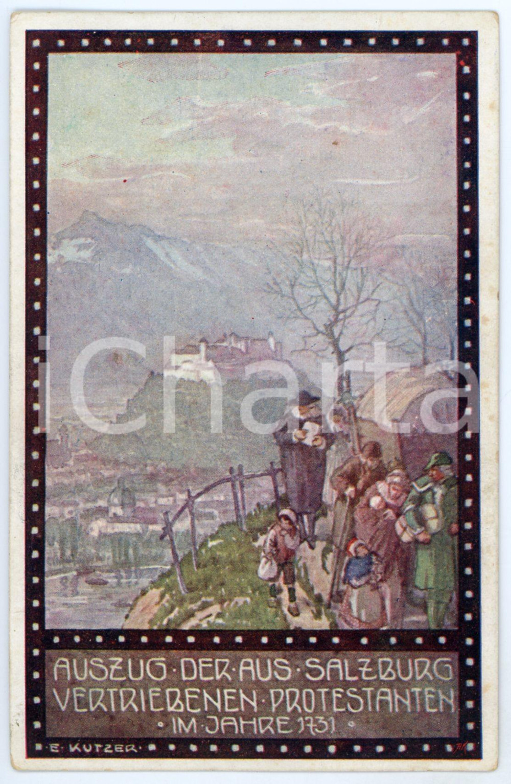 1920ca IM ZEICHEN DER RELIGION Vertriebenen protestanten - Ernst KUTZER Postcard Cartolina postale d'epoca, non viaggiata.CONDIZIONI: FAIR (lievi bruniture al verso)FORMATO: FP    originale e autentica 1