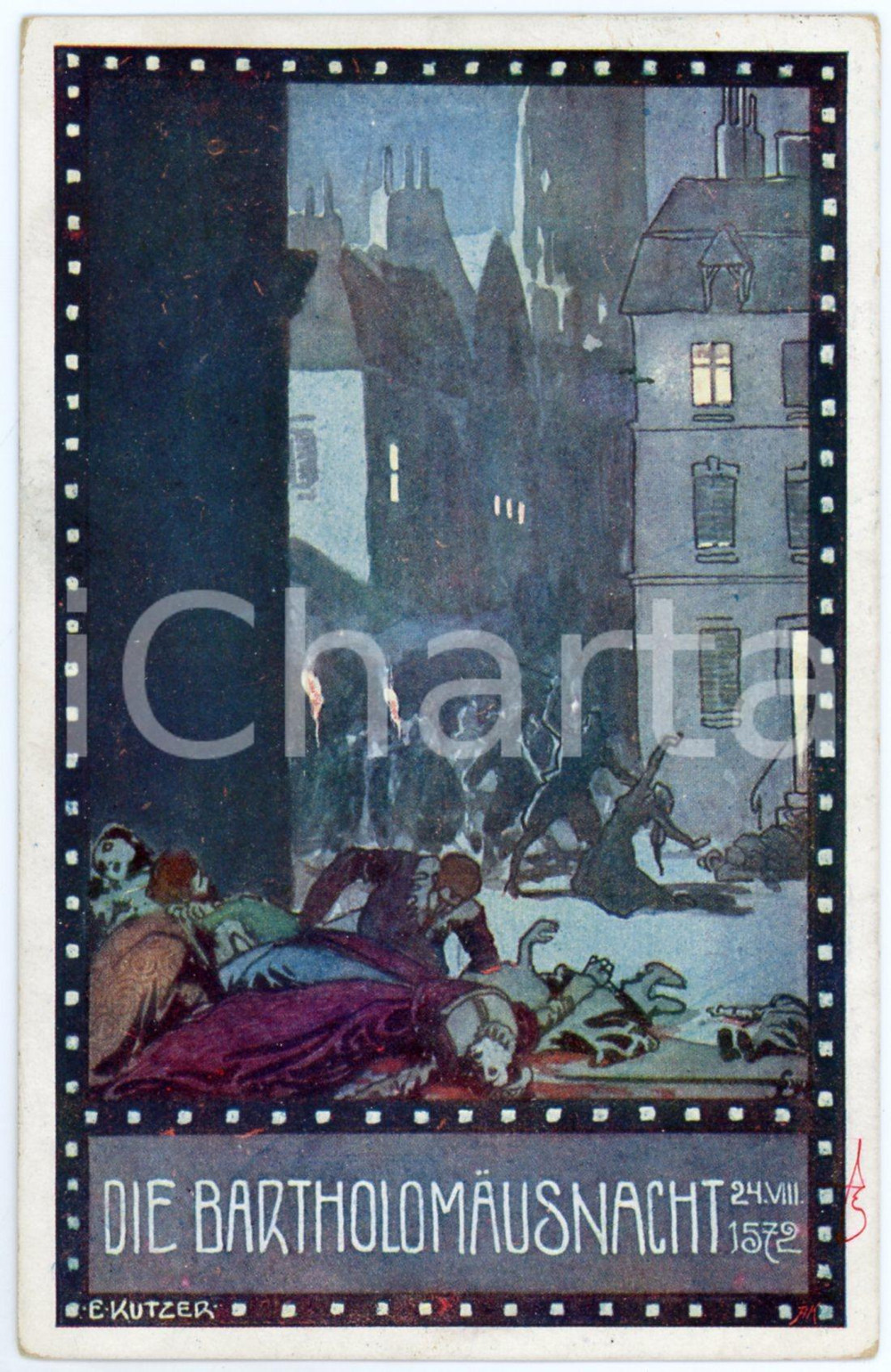 1920ca IM ZEICHEN DER RELIGION Die Bartholomausnacht Ill. Ernst KUTZER Postcard Cartolina postale d'epoca, viaggiata.CONDIZIONI: FAIRFORMATO: FP    originale e autentica 1