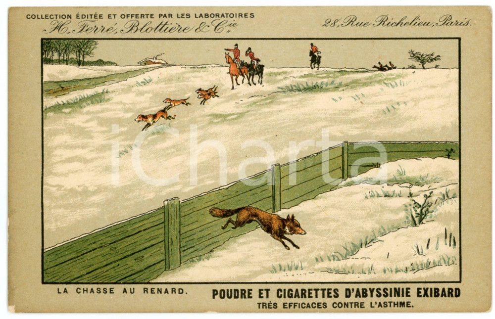 1910ca CIGARETTES D'EXIBARD La chasse au renard - Carte postale ILLUSTRÃ‰E FP NV  Cartolina postale d'epoca, viaggiata.CONDIZIONI: FAIR (lieve sbrecciatura all'angolo inferiore sinistro)FORMATO: FP     originale e autentica 1