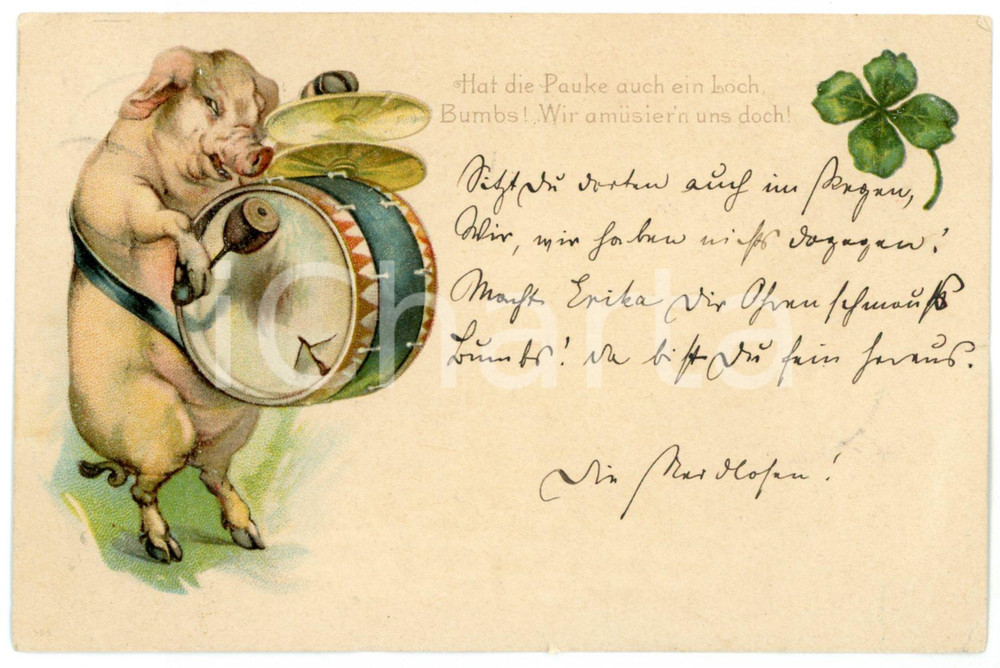 1900 HUMOUR Pig playing the drum - Anthropomorphic - Illustrated postcard FP VG  Cartolina postale d'epoca, viaggiata.CONDIZIONI: FAIR (piccolo strappo al margine sinistro)FORMATO: FP    originale e autentica 1