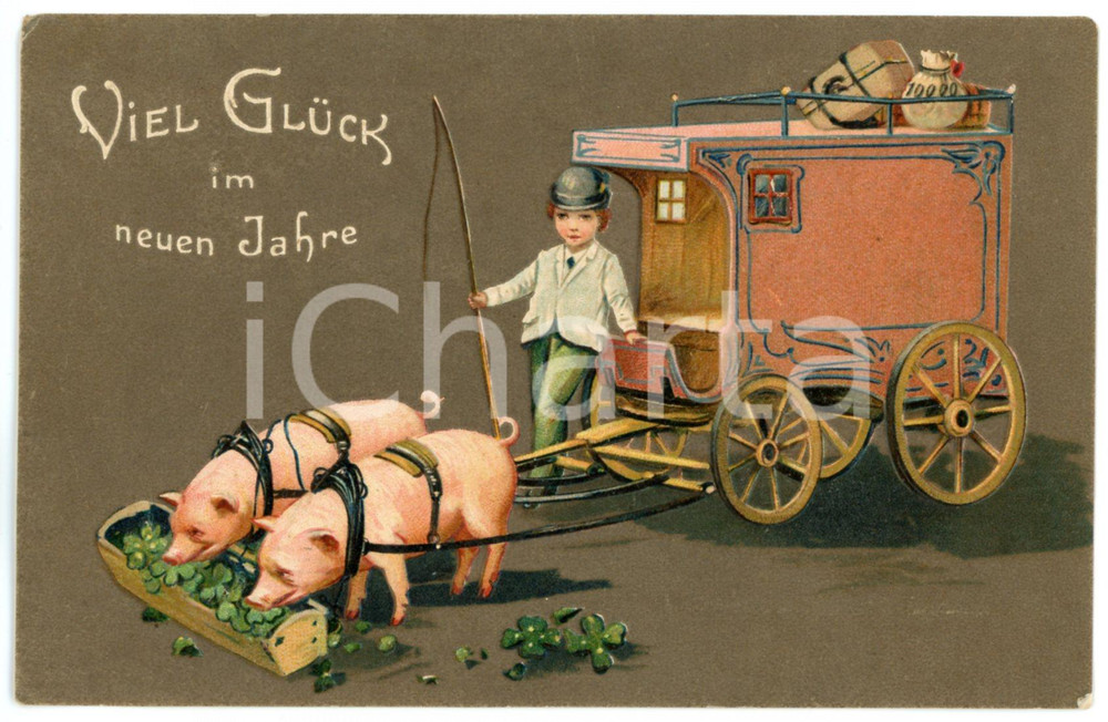 1907 NEUEN JAHRE Lucky pigs eating four-leaf clovers - Embossed postcard FP VG  Cartolina postale d'epoca, viaggiata.CONDIZIONI: FAIR (smussature agli angoli)FORMATO: FP    originale e autentica 1