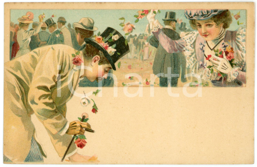 1900 ca LOVERS Sweethearts playing with flowers ILLUSTRATED Postcard FP NV (2)  Cartolina d'epoca, non viaggiata. FAIR/discreto Lievi smussature agli angoli Formato: FP originale e autentica 1