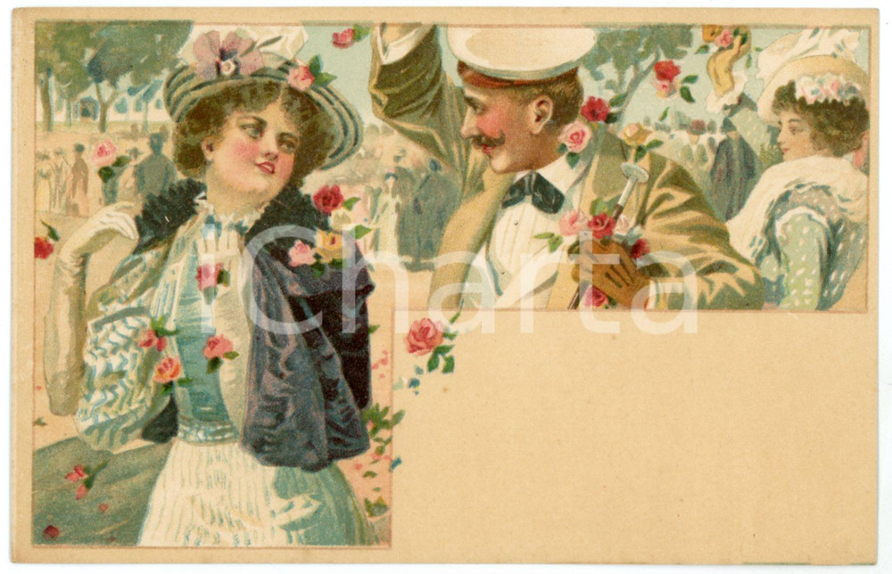 1900 ca LOVERS Sweethearts playing with flowers ILLUSTRATED Postcard FP NV (1)  Cartolina d'epoca, non viaggiata. FAIR/discreto Lievi smussature agli angoli Formato: FP originale e autentica 1