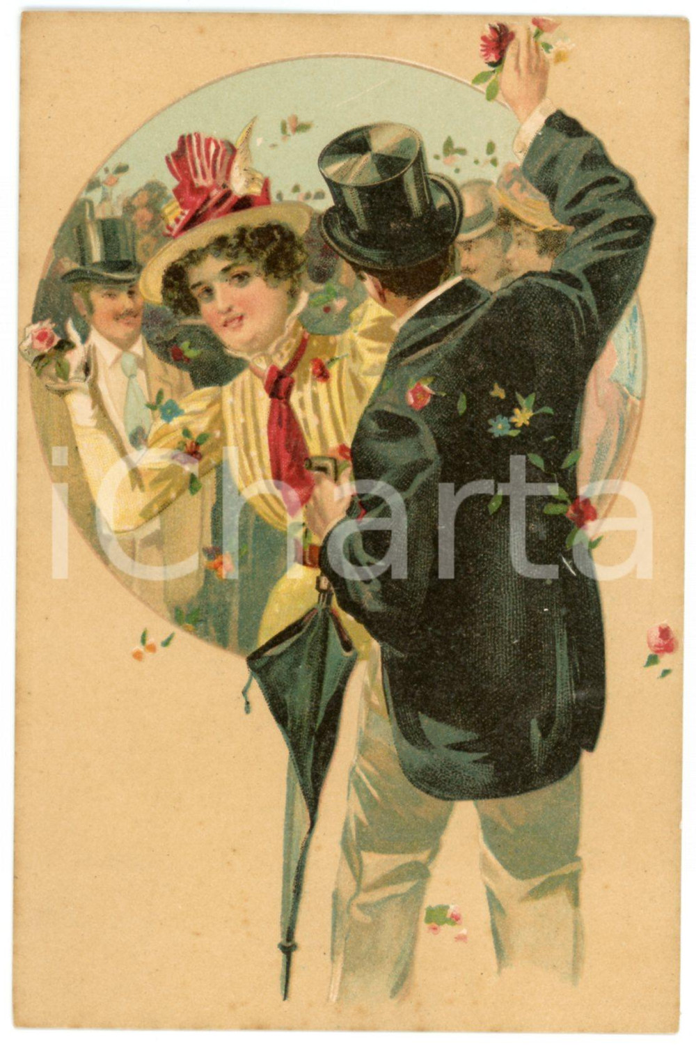 1900 ca LOVERS Sweethearts playing with flowers ILLUSTRATED Postcard FP NV (4)  Cartolina d'epoca, non viaggiata. FAIR/discreto Lievi smussature agli angoli Formato: FP originale e autentica 1