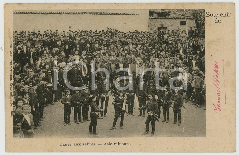 1900 ca TURKEY Danse aux sabres - Vintage postcard animated DAMAGED  Cartolina postale d'epoca, viaggiata (ma francobollo asportato)CONDIZIONI: VERY POOR (profonda piegatura al lato destro e lievi fioriture)    originale e autentica 1