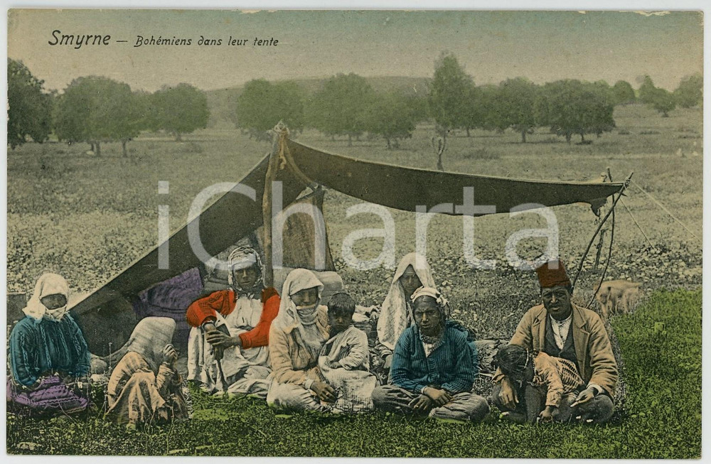 Cartolina originale da collezione 1910 ca SMYRNE TURQUIE BohÃ©miens dans leur tente Gypsy  Chromo carte postale 1