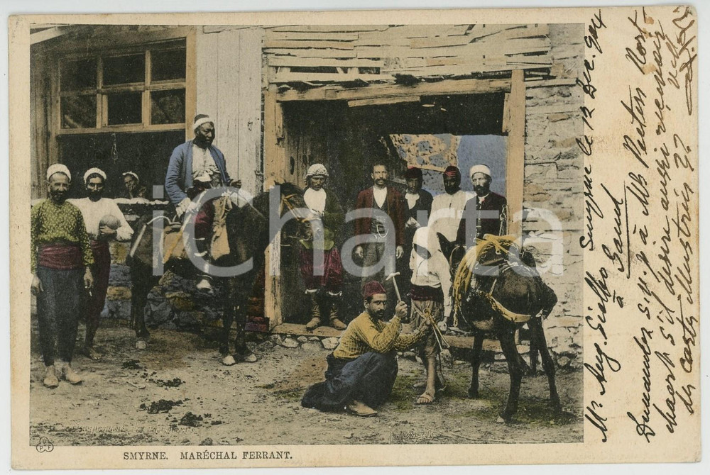 1904 SMYRNE (TURQUIE) Maréchal ferrant - Carte postale ANIMEE  Cartolina postale d'epoca, viaggiata.CONDIZIONI: G (minima smussatura angolare)FORMATO: FP    originale e autentica 1