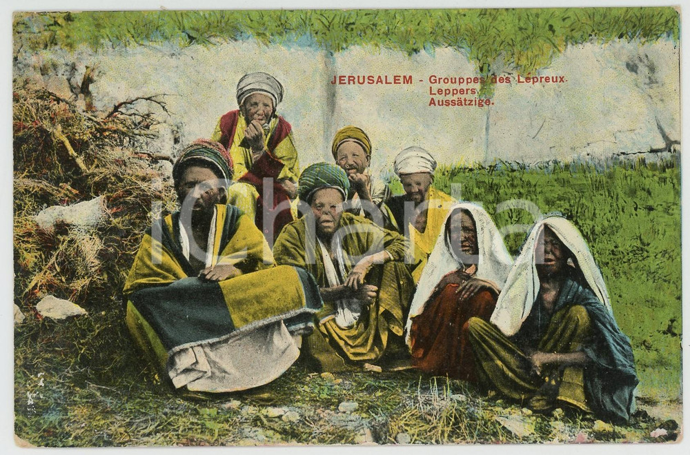 1910 ca JERUSALEM ISRAEL Groupe de lépreux - Vintage chromo postcard  Cartolina postale d'epoca, non viaggiata.CONDIZIONI: FAIR (abrasioni al verso)FORMATO: FP    originale e autentica 1
