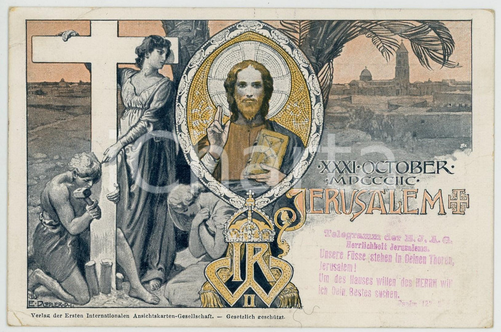 1898 JERUSALEM Kaiser Wilhelm visit to the Holy Land - Postcard ill. DOEPLER  Cartolina postale d'epoca, viaggiata.Illustrazione di Carl Emil Doepler.CONDIZIONI: FAIR (piegature angolari)FORMATO: FP    originale e autentica 1