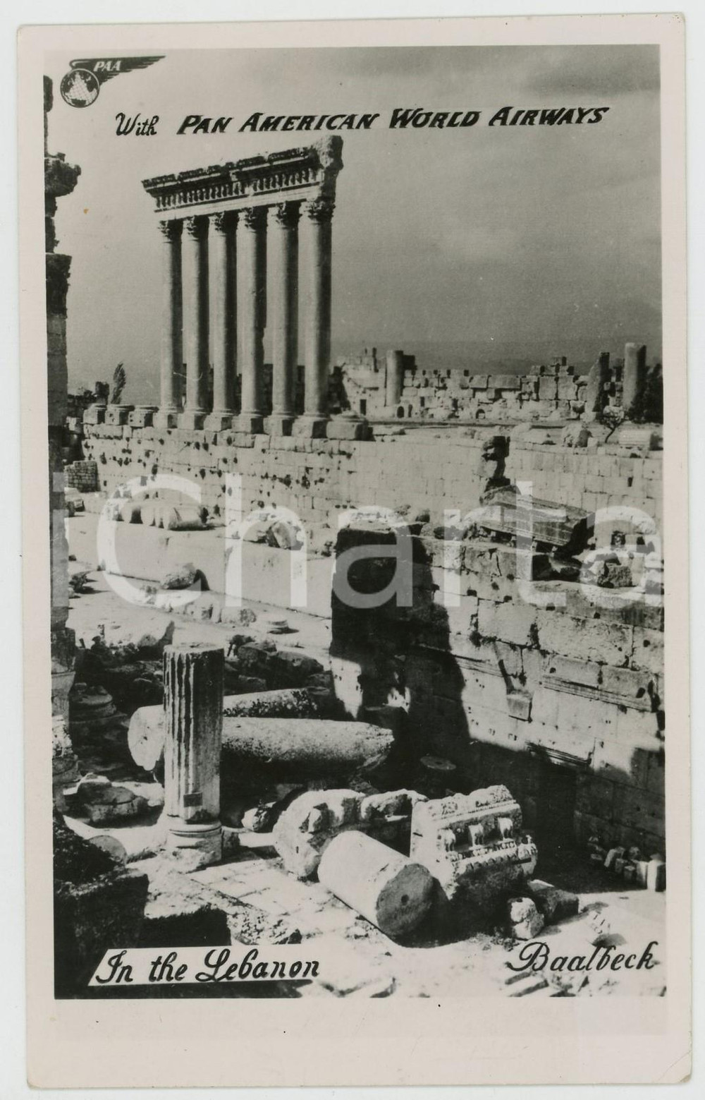 1950 ca BAALBEK (LEBANON) Ruins - Postcard PAN AMERICAN AIRWAYS  Cartolina postale d'epoca, viaggiata (ma francobollo asportato).CONDIZIONI: G (minima smussatura angolare)FORMATO: FP    originale e autentica 1