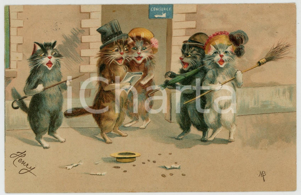 1904 ANIMALS Cats buskers - Anthropomorphic Postcard FP VG  Cartolina postale d'epoca, viaggiata.CONDIZIONI: GOODFORMATO: FP    originale e autentica 1