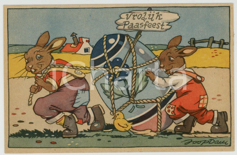 1925 ca VROLIJK PAASFEEST Hares carrying easter egg ILLUSTRATED Postcard FP NV  Cartolina d'epoca, non viaggiata.CONDIZIONI: GOODFORMATO: FP    originale e autentica 1