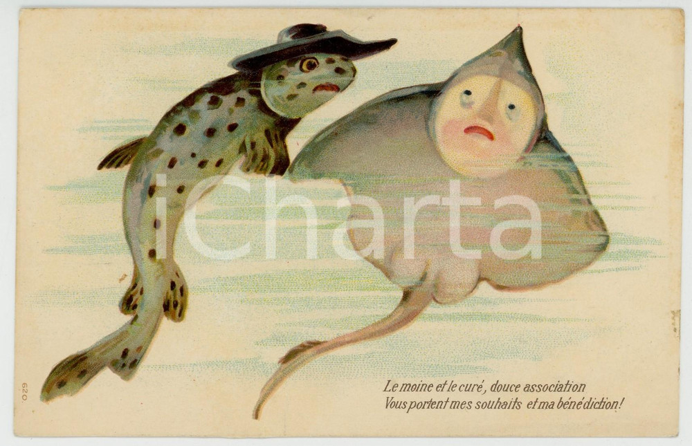 Cartolina originale da collezione 1910 ca ANIMAUX Poissons  Le moine et le curÃ© ANTHROPOMORPHIC Embossed Postcard 1