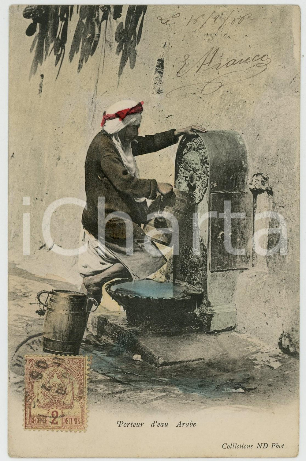 1906 TUNISIE - MÉTIERS - Porteur d'eau arabe - Old postcard CPA TYPES ETHNIC Cartolina postale d'epoca, viaggiata.CONDIZIONI: FAIR (piegatura angolare)FORMATO: FP    originale e autentica 1