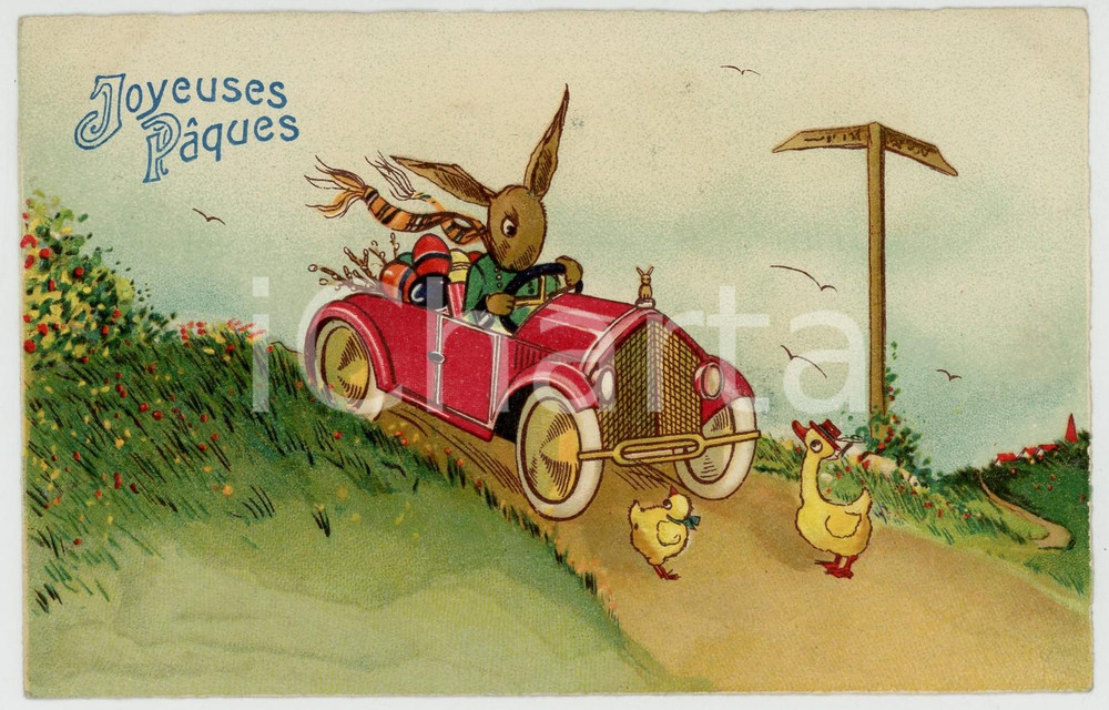 Cartolina originale da collezione 1910 ca JOYEUSES PÃ‚QUES Rabbit on car with Easter eggs Anthropomorphic postcard 1