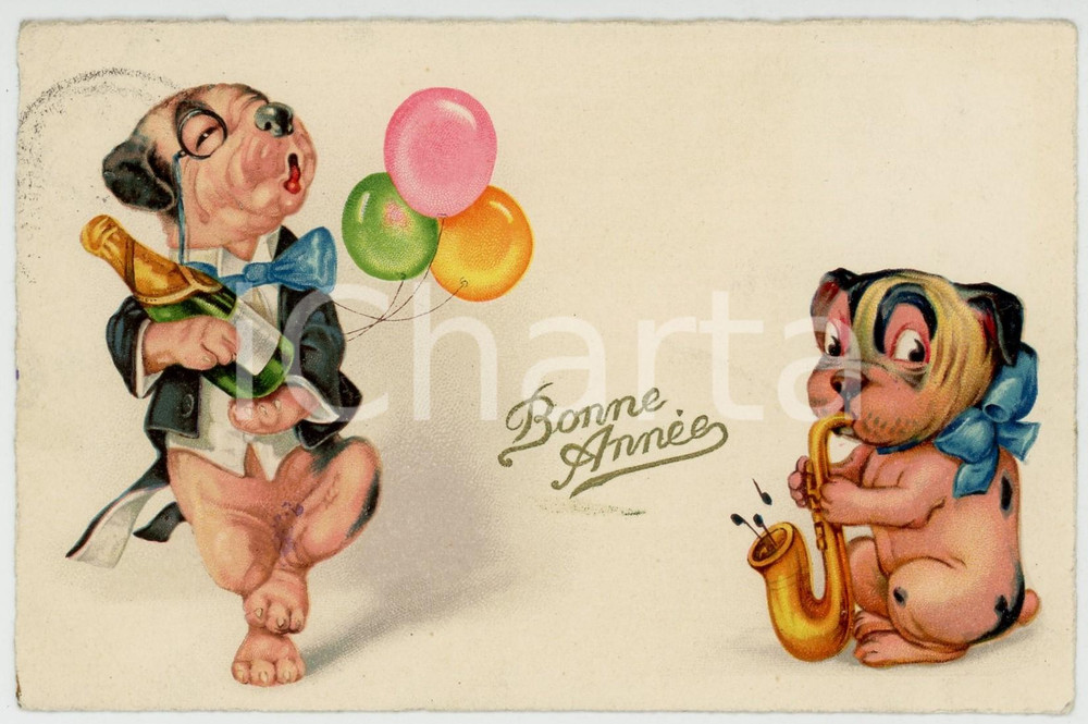 1930 BONNE ANNEE New Year's party - Dogs with champagne and balloons - Postcard  Cartolina postale d'epoca, viaggiata.CONDIZIONI: FAIR (lieve piegatura all'angolo superiore sinistro e al lato superiore)FORMATO: FP    originale e autentica 1