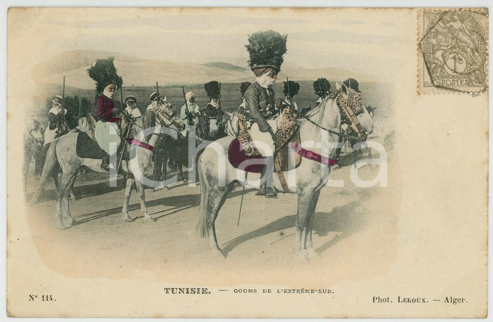 1905 ca TUNISIE Goums de l'extrème Sud  - French chromo postcard  Cartolina postale d'epoca, con bollo e timbro.CONDIZIONI: GFORMATO: FP    originale e autentica 1
