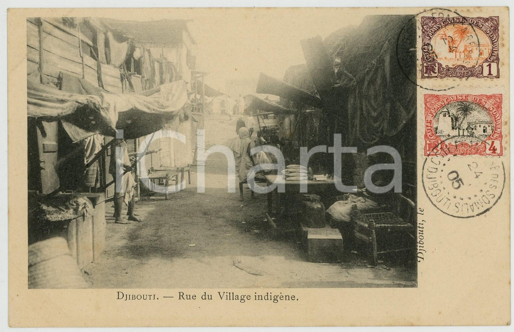 1905 DJIBOUTI FRANÇAIS Rue du Village indigène - Carte postale RARE Cartolina postale d'epoca, con bolli e timbri.CONDIZIONI: G FORMATO: FP    originale e autentica 1