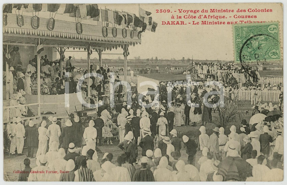 1908 DAKAR (SENEGAL) Voyage du Ministre des Colonies - Carte postale ANIMEE Cartolina postale d'epoca, viaggiata.CONDIZIONI: FAIR (piegatura angolare)FORMATO: FP    originale e autentica 1