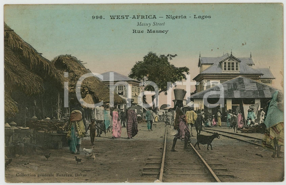 1913 LAGOS (NIGERIA) Massey Street - ANIMATED DAMAGED old postcard Cartolina postale d'epoca, viaggiata (ma francobollo asportato).CONDIZIONI: VERY POOR (carta lenta, con parziale scollamento dei lembi)FORMATO: FP    originale e autentica 1