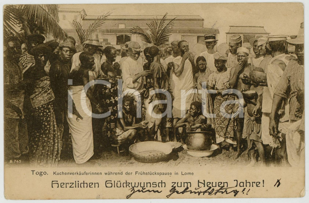 1912 LOME (TOGO) Kuchenverkauferinnen wahrend der Fruhstuckspause *Postcard  Cartolina postale d'epoca, viaggiata (ma francobollo asportato).CONDIZIONI: G (minime smussature angolari)FORMATO: FP    originale e autentica 1