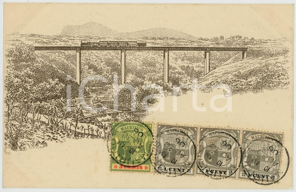 1906 MAURITIUS Train on Railway Bridge - Great River - Illustrated postcard  Cartolina postale d'epoca, con striscia di francobolli timbrati al recto.CONDIZIONI: GFORMATO: FP    originale e autentica 1