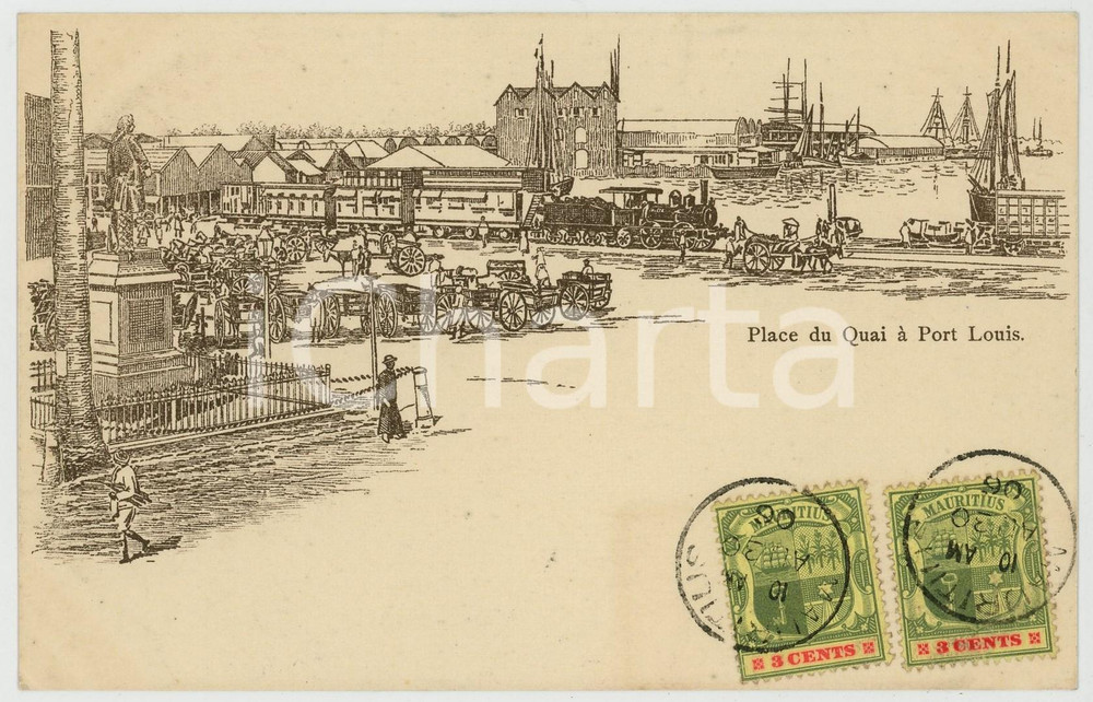 1906 PORT LOUIS (MAURITIUS) Place du Quai - Illustrated old postcard  Cartolina postale d'epoca, con striscia di due francobolli timbrati al recto.CONDIZIONI: GFORMATO: FP    originale e autentica 1
