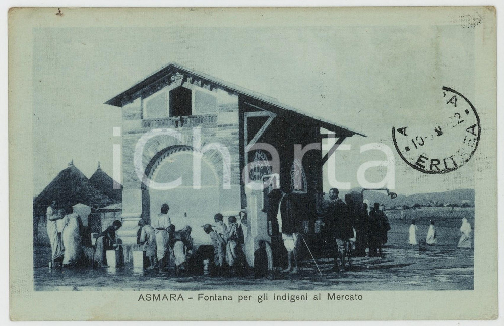 1922 ASMARA (ERITREA ITALIANA) Fontana per gli indigeni al mercato - Cartolina  Cartolina postale d'epoca, con timbro datario al recto (francobollo asportato).CONDIZIONI: G (minime piegature angolari)FORMATO: FPEDITORE: P. Beltrami - Asmara    originale e autentica 1