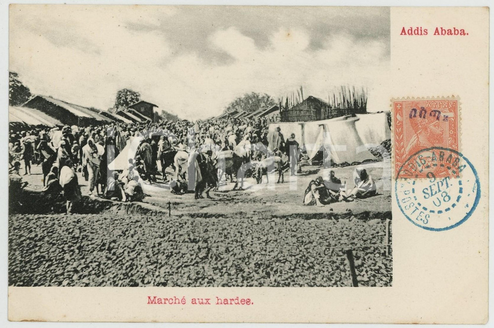1908 DDIS ABEBA (ETIOPIA) Marché aux hardes - Market *Old postcard  Cartolina postale d'epoca, con francobollo e timbro al recto.CONDIZIONI: GFORMATO: FP    originale e autentica 1