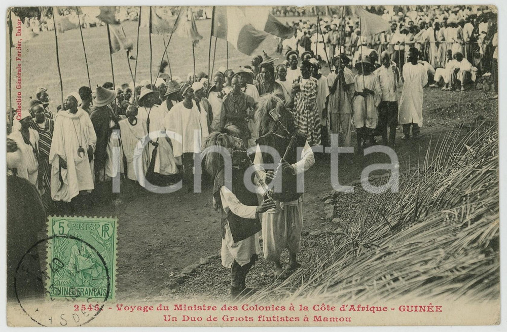 1908 AFRIQUE GUINEE Voyage Ministre des Colonies - Griots flutistes à MAMOU Cartolina postale d'epoca, viaggiata.CONDIZIONI: GFORMATO: FP    originale e autentica 1