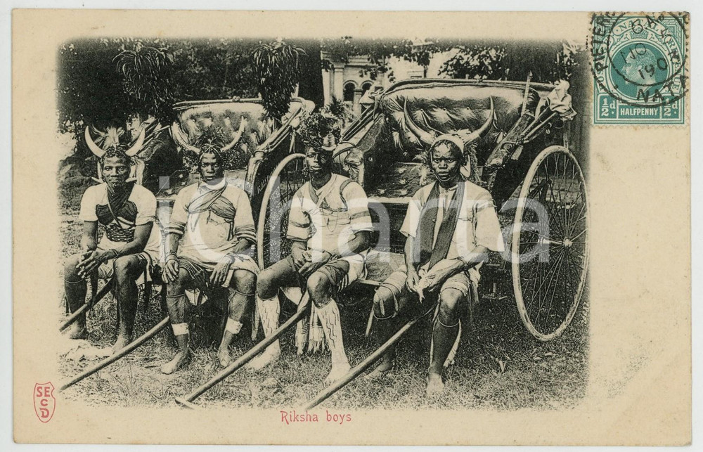1903 PIETERMARITZBURG (NATAL, SOUTH AFRICA) Riksha boys - Postcard Types ETHNIC  Cartolina postale d'epoca, con bollo e timbro al recto.CONDIZIONI: GFORMATO: FP    originale e autentica 1