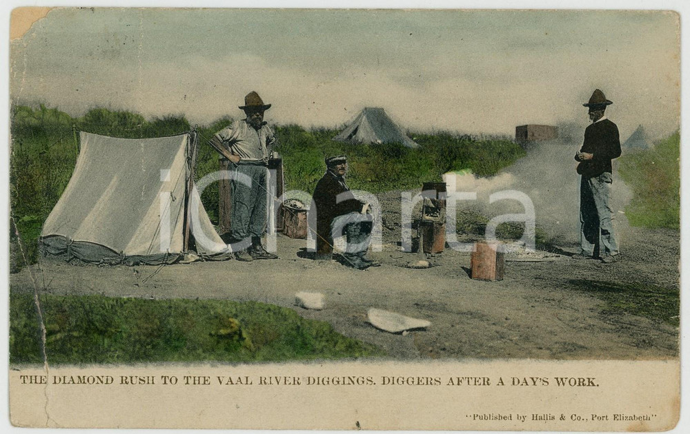 1910 VAAL RIVER Diamond rush - Diggers after a day's work - DAMAGED Postcard FP  Cartolina postale d'epoca, viaggiata.EDITORE: Hallis &amp; C., Port ElizabethCONDIZIONI: POOR (profonda piegatura all'angolo inferiore sinistro, sbrecciatura all'angolo superiore sinistro)FORMATO: FP    originale e autentica 1