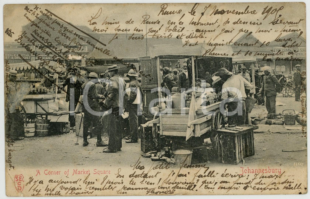 1906 JOHANNESBURG - SOUTH AFRICA A corner of Market Square - Postcard FP VG  Cartolina postale d'epoca, viaggiata.EDITORE: SECDCONDIZIONI: FAIR (bruniture diffuse e piegatura all'angolo inferiore sinistro)FORMATO: FP    originale e autentica 1