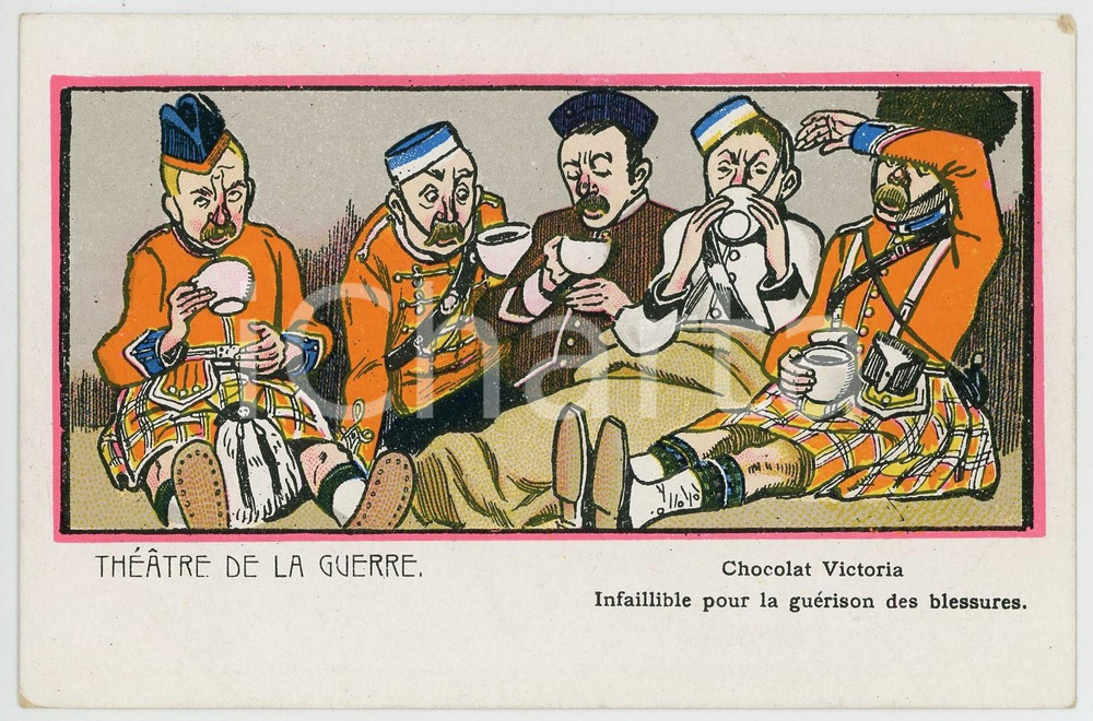 Cartolina originale da collezione 1900ca GUERRE DES BOERS  THÃ‰Ã‚TRE DE LA GUERRE Chocolat Victoria  Carte postale 1