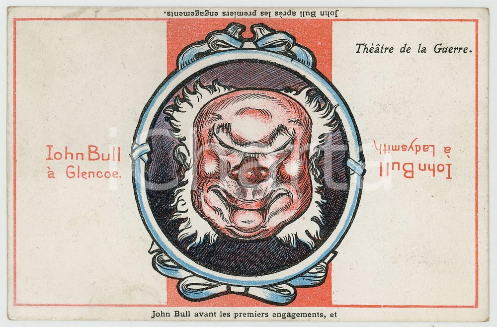 Cartolina originale da collezione 1900ca GUERRE DES BOERS  THÃ‰Ã‚TRE DE LA GUERRE John BULL Ã  GLENCOE et LADYSMITH 1