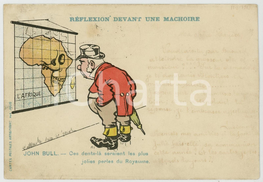 1903 SATIRE - AFRIQUE John BULL Réflexion devant une machoir - Carte postale FP  Cartolina postale d'epoca, viaggiata.CONDIZIONI: VERY POOR (carta lenta, distacco degli strati della carta, gualciture e bruniture diffuse)FORMATO: FP    originale e autentica 1