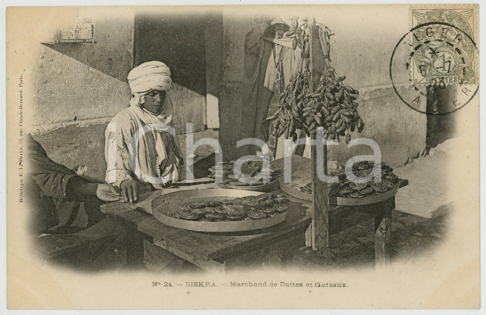 1903 BISKRA - ALGERIE Marchand de dattes et gateaux - Carte postale n.24 FP VG  Cartolina postale d'epoca, viaggiata.EDITORE: Heliotypie E. Le Deley, ParisCONDIZIONI: FAIRFORMATO: FP    originale e autentica 1