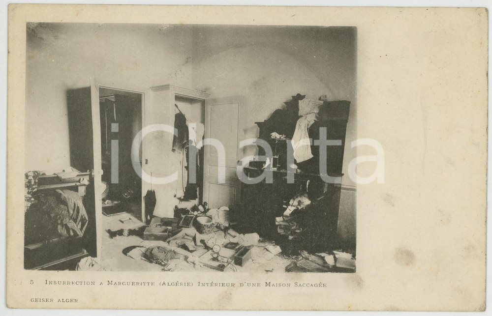 1902 ALGERIE Insurrection à MARGUERITTE Intérieur d'une maison saccagée Postcard  Cartolina postale d'epoca, viaggiata.EDITORE: J. Geiser, AlgerCONDIZIONI: FAIRFORMATO: FP    originale e autentica 1