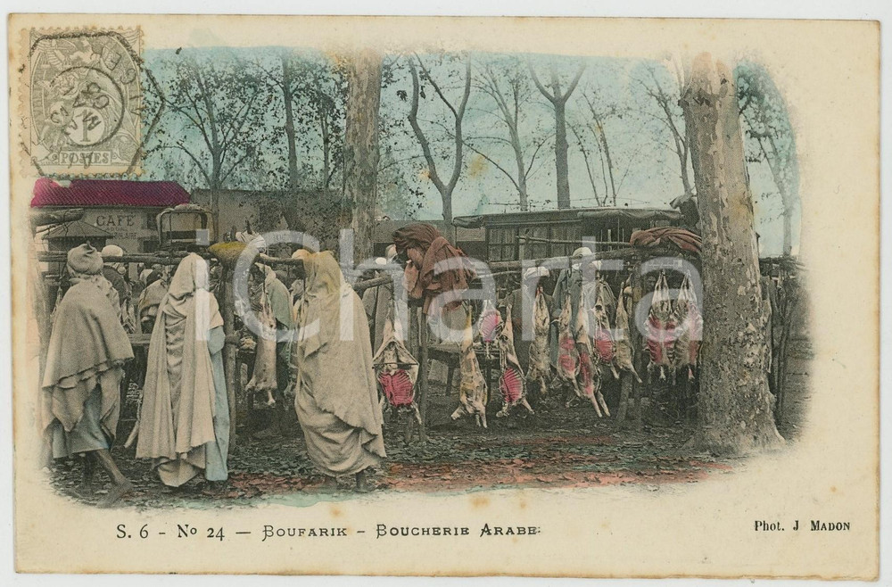 1903 BOUFARIK - ALGERIE Boucherie arabe - Photo J. MADON Carte postale FP VG  Cartolina postale d'epoca, viaggiata.SERIE: S. 6 - No. 24CONDIZIONI: FAIRFORMATO: FP    originale e autentica 1