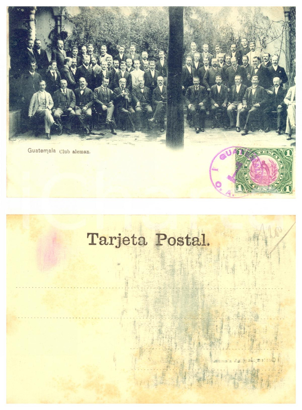 1905 ca GUATEMALA Club aleman - Tarjeta postal antigua  Cartolina postale d'epoca, con bollo e timbro al recto.CONDIZIONI: POOR (buone condizioni al recto, ma vasta macchia al verso)FORMATO: FP    originale e autentica 1