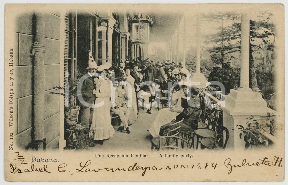 1903 CUBA Una recepcion familiar - A family party - ANIMATED Postcard  Cartolina postale d'epoca, viaggiata (ma francobollo asportato).CONDIZIONI: FAIR (piegatura angolare)FORMATO: FP    originale e autentica 1