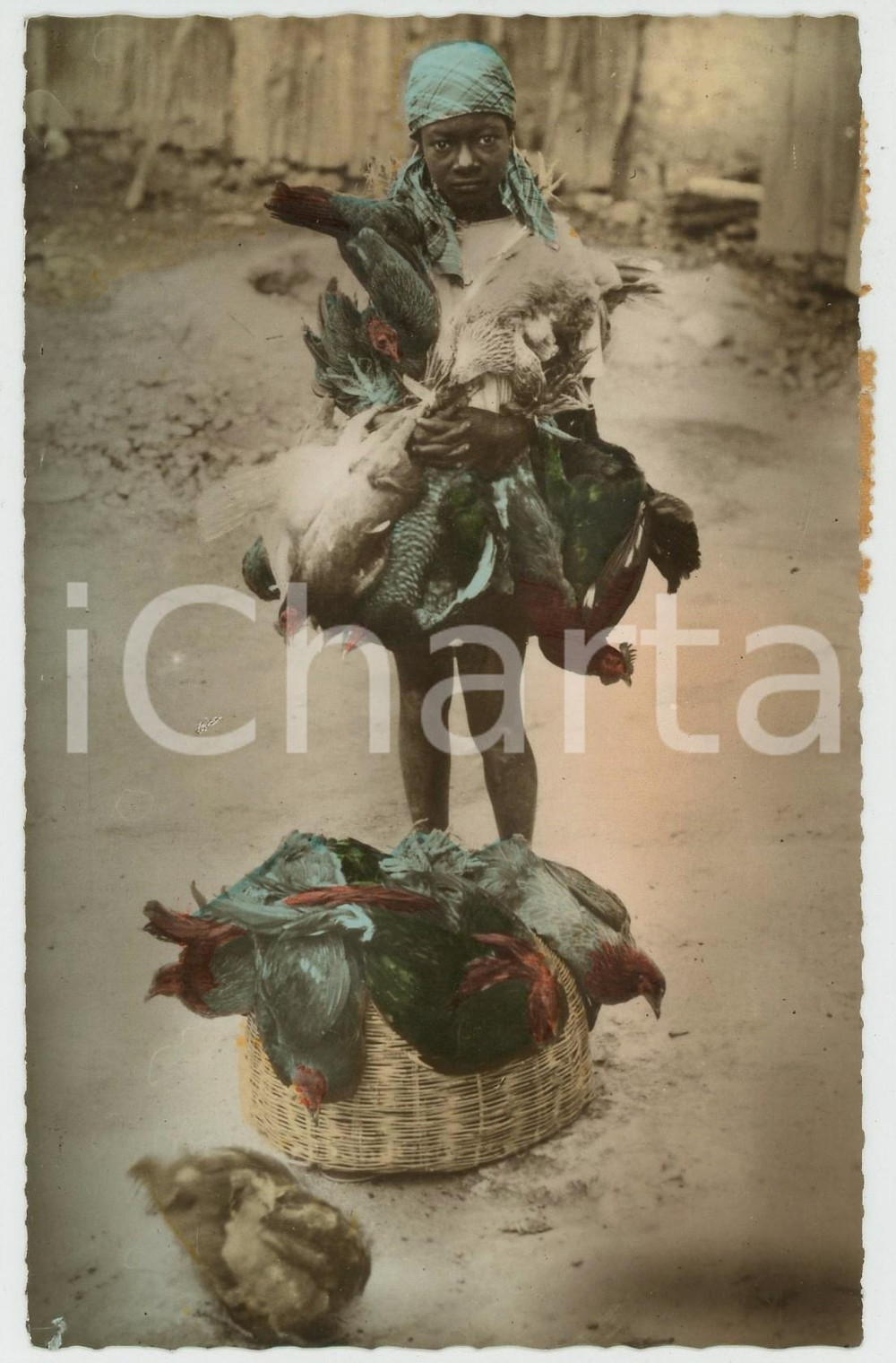 1950 ca HAITI Marchandes de poules - Postcard TYPES ETHNIC  Cartolina postale d'epoca, viaggiata (ma un francobollo &egrave; stato asportato e il secondo &egrave; semidistaccato).CONDIZIONI: G FORMATO: FP    originale e autentica 1