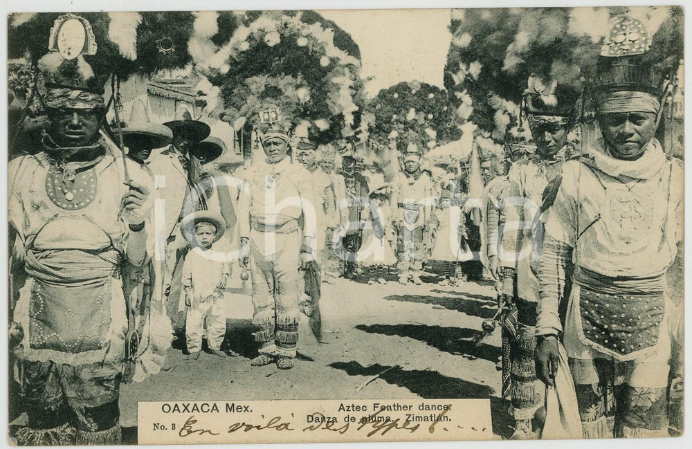 1908 OAXACA (MEXICO) Aztec Feather dance - ANIMATED postcard TYPES ETHNIC  Cartolina postale d'epoca, viaggiata.CONDIZIONI: FAIR (piegature angolari)FORMATO: FP    originale e autentica 1