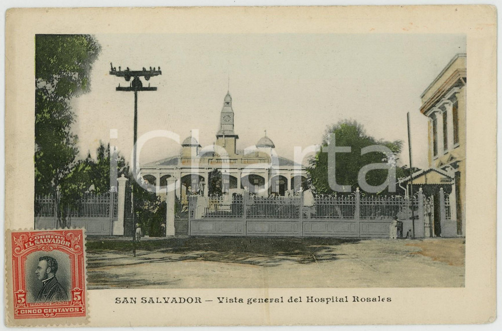 1910 ca SAN SALVADOR Vista general del Hospital Rosales - Tarjeta postal  Cartolina postale d'epoca, scritta e con bollo, ma non viaggiata.CONDIZIONI: G (minime smussature angolari)FORMATO: FP    originale e autentica 1