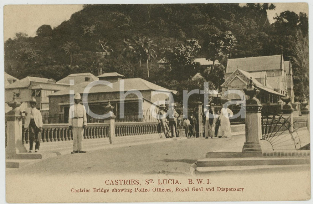 1910 CASTRIES (SAINT LUCIA / CARRIBEAN) Police officers, Royal Goal, dispensary  Cartolina postale d'epoca, viaggiata.Pubblicit&agrave; "Chocolat Hardy" al verso.CONDIZIONI: GFORMATO: FP    originale e autentica 1