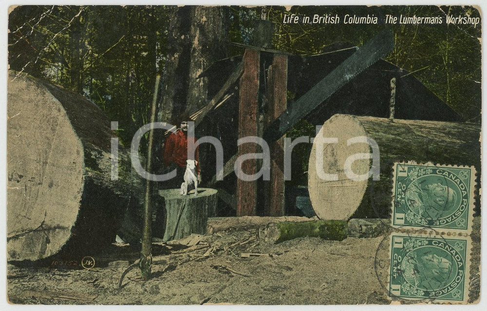 1914 BRITISH COLUMBIA - The Lumberman's workshop - DAMAGED Postcard  Cartolina postale d'epoca, viaggiata.CONDIZIONI: VERY POOR (cartolina danneggiata da profonde piegature)FORMATO: FP    originale e autentica 1