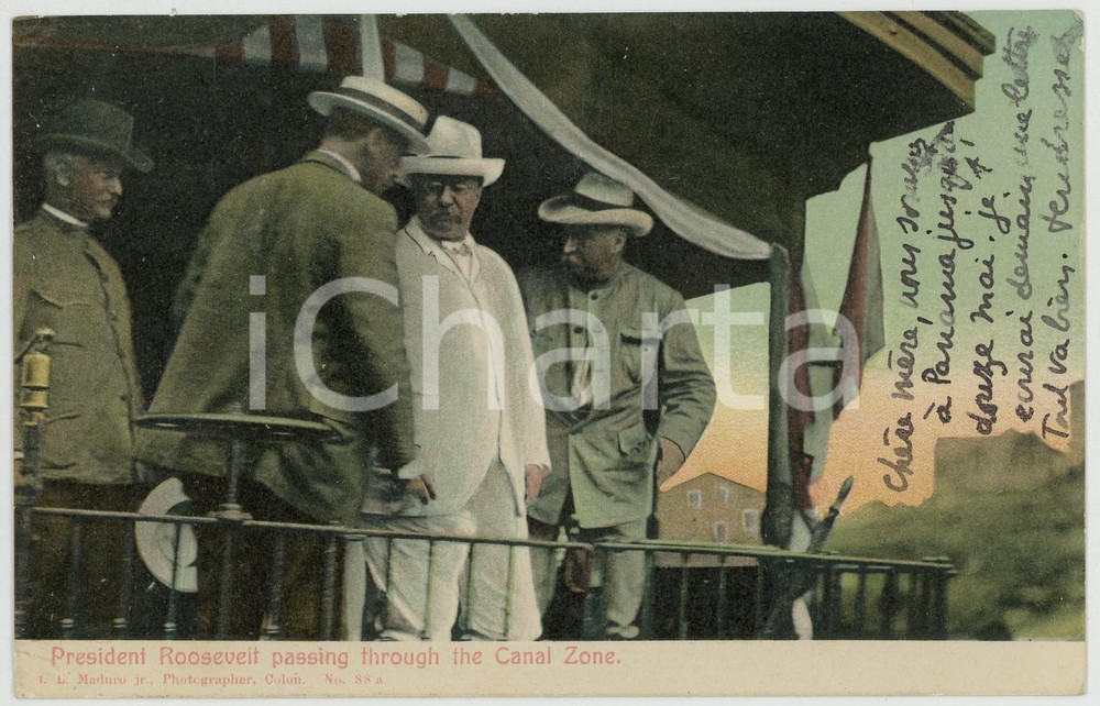 1910 ca PANAMA President Roosevelt passing through the Canal Zone - Postcard  Cartolina postale d'epoca, viaggiata (ma francobollo asportato).La cartolina ricorda la visita di Roosevelt del 1906.CONDIZIONI: POOR (abrasione al lato superiore al verso; piccola piegatura angolare)FORMATO: FP    originale e autentica 1