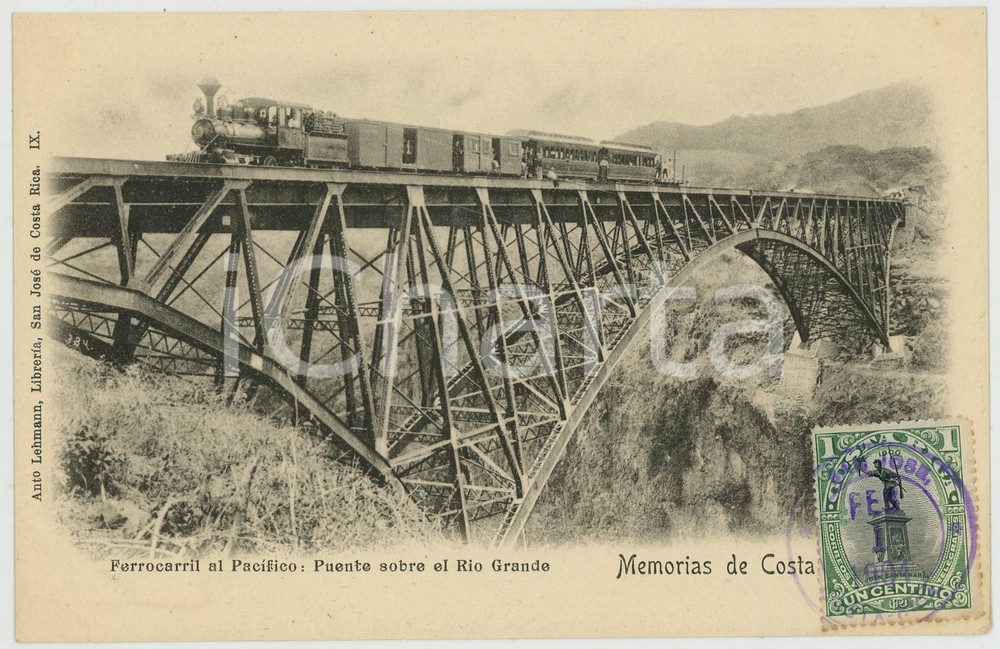 1904 COSTA RICA Ferrocarril al Pacifico - Puente sobre el Rio Grande - Postcard  Cartolina postale d'epoca, con bollo e timbro al recto.CONDIZIONI: GFORMATO: FP    originale e autentica 1