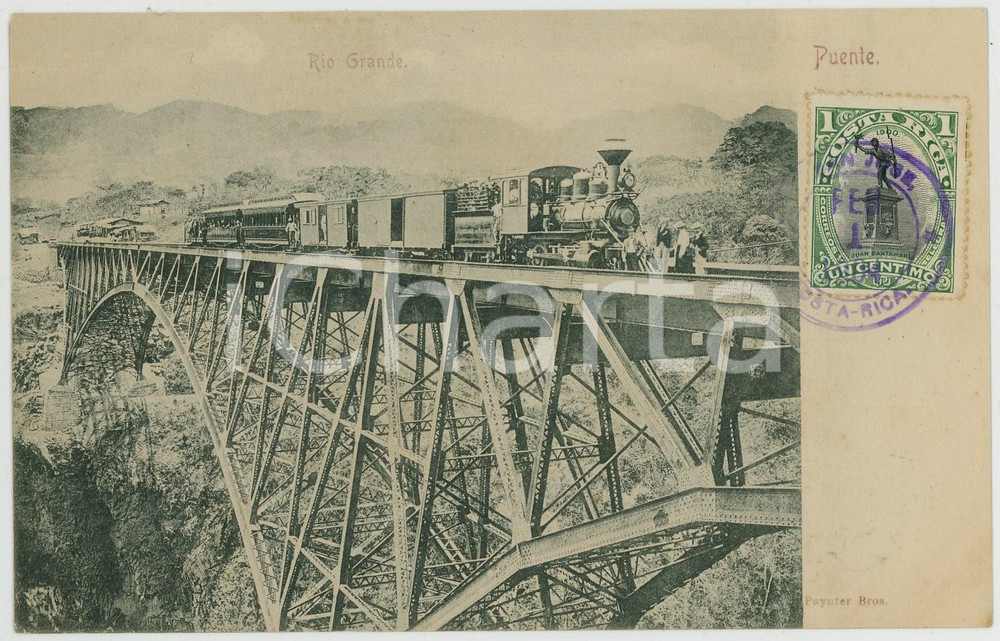 1904 COSTA RICA Ferrocarril  - Puente Rio Grande - ANIMATED Postcard train  Cartolina postale d'epoca, con bollo e timbro al recto.CONDIZIONI: GFORMATO: FP    originale e autentica 1